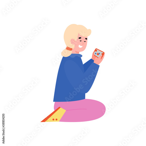 Little girl using a smartphone, flat cartoon vector illustration isolated on white background. Relationship of children with advanced technology and internet addiction.