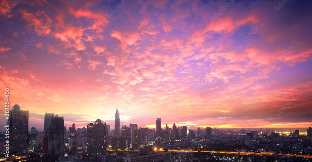 Skyscraper day concept: Bangkok city and sky sunset background
