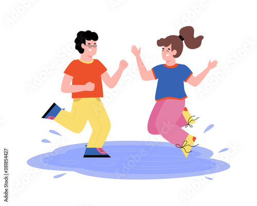 Mischievous naughty kids jumping in puddles, flat vector illustration isolated on white background. The problem of bad behavior and bad manners of children in education.