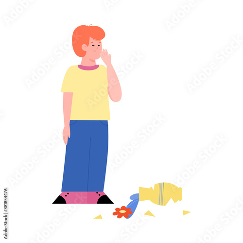 Mischievous naughty child broke a vase, flat cartoon vector illustration isolated on white background. Problem and correction of children bad disobedient behavior.