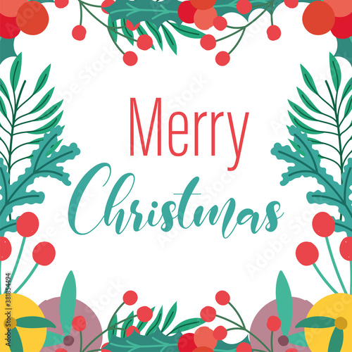 merry christmas, lettering holly berry decoration celebration card for greeting