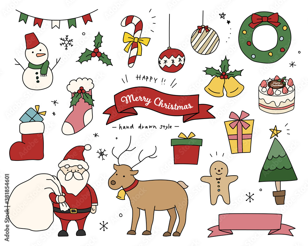 クリスマスのかわいい手描きイラストのセット サンタクロース トナカイ ツリー ベル おしゃれ 冬 Stock ベクター Adobe Stock