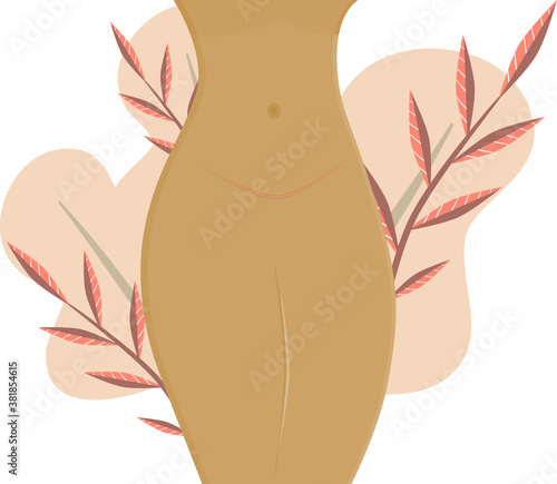Stomach with a healed scar after cesarean section. In the background, leaves in soft colors. Vector illustration in flat cartoon style. Motherhood and childbirth through surgery..