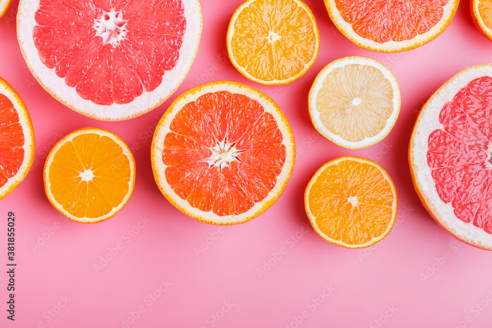 Flat lay composition with halves of different citrus fruits Flat lay composition with halves of different citrus fruits
