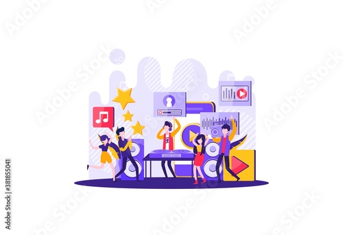 little man illustration. modern music with a DJ board and people dancing. Vector illustration