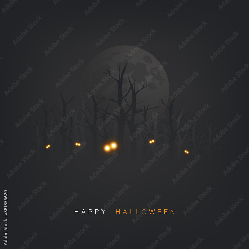 Happy Halloween Card or Flyer Template - Glowing Eyes in The Dark Forest - Vector Illustration