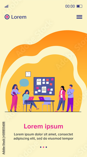 Colleagues working together on project flat vector illustration. Cartoon employees sharing ideas and skills for company success. Teamwork and brainstorm concept