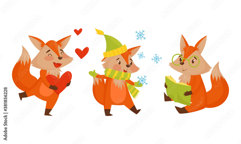 Funny Orange Fox Holding Heart and Reading Book Vector Set Funny Orange Fox Holding Heart and Reading Book Vector Set