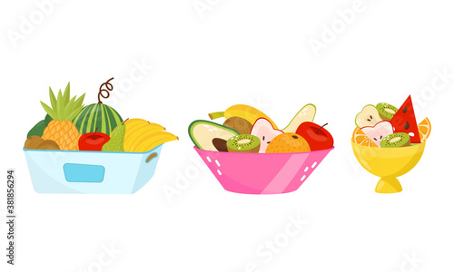 Sweet Tropical Fruit with Pineapple and Watermelon in Crate and Bowl Vector Set