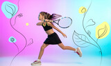 Little tennis girl in black sportwear isolated on modern illustrated background. Caucasian sport kid training in motion and action. Sport, movement, childhood, ad concept. Line art design. Copyspace.