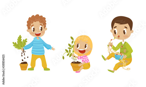 Naughty Girl and Boy Eating Noodle with Hands and Uprooting Plants Vector Illustration Set
