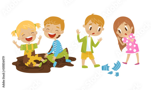 Naughty Girl and Boy Sitting in Mud and Breaking Vase Vector Illustration Set