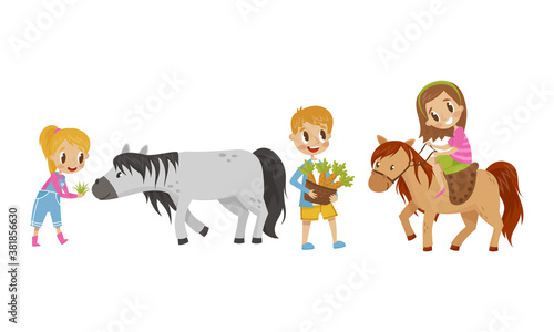 Cute Kid Feeding Their Horses with Grass and Carrot Vector Set