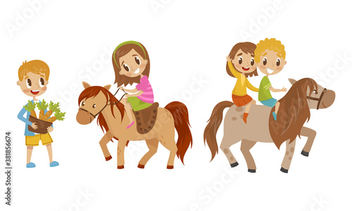 Cute Kid Feeding Their Horses with Carrot and Sitting on Horseback Vector Set
