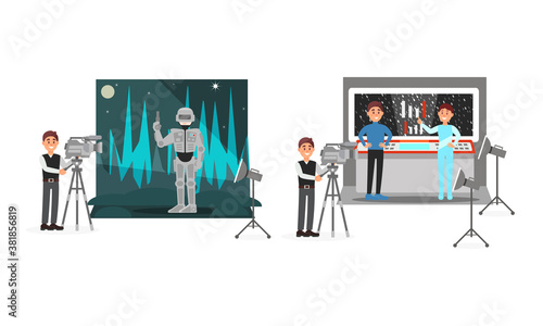 Young Male Cameraman Filming Movie with Actor Wearing Costume Vector Illustration Set