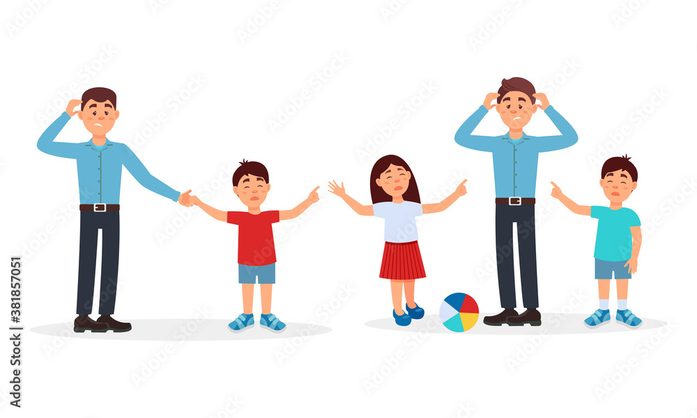 Energetic Kids Bothering Tired Parents Vector Illustration Set Energetic Kids Bothering Tired Parents Vector Illustration Set