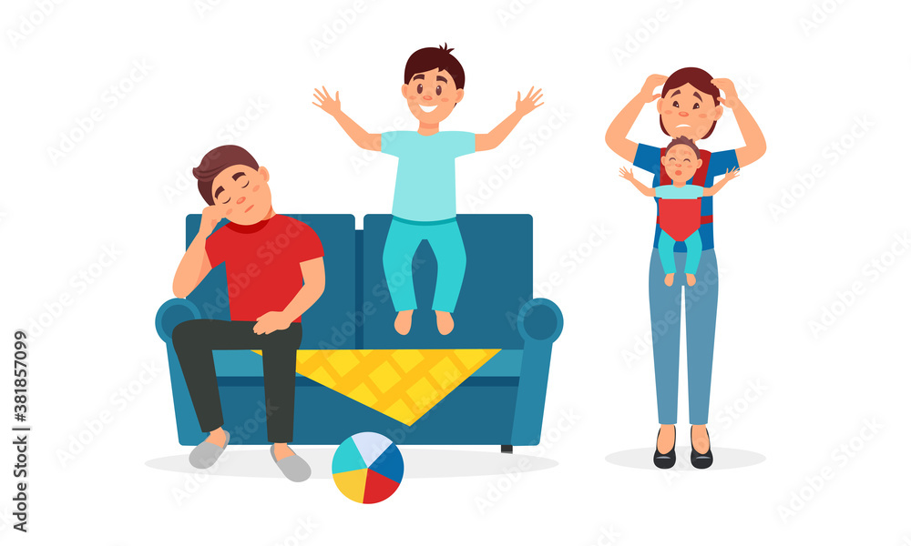Tired Parents Troubled with Nursing and Playing with Kids Vector Illustration Set Tired Parents Troubled with Nursing and Playing with Kids Vector Illustration Set