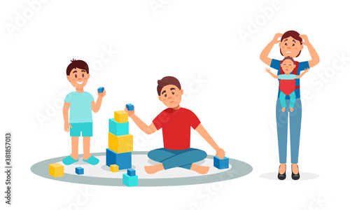 Tired Parents Troubled with Nursing and Playing with Kids Vector Illustration Set
