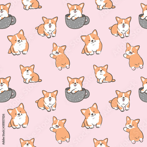 Seamless Pattern with Cute Cartoon Corgi Dog Design on Pink Background