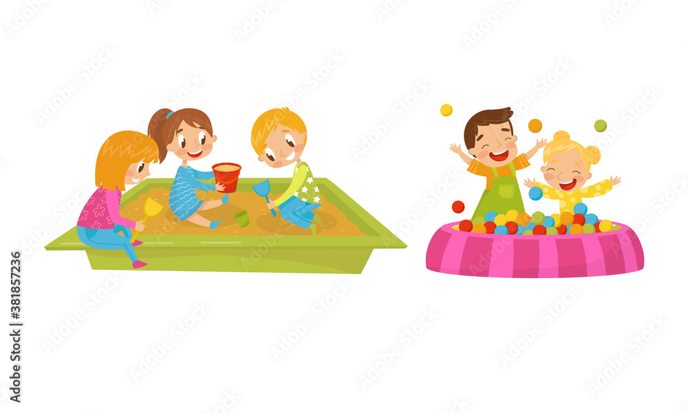 Energetic Boy and Girl Playing in Sandbox and with Balls on Playground Vector Set Energetic Boy and Girl Playing in Sandbox and with Balls on Playground Vector Set