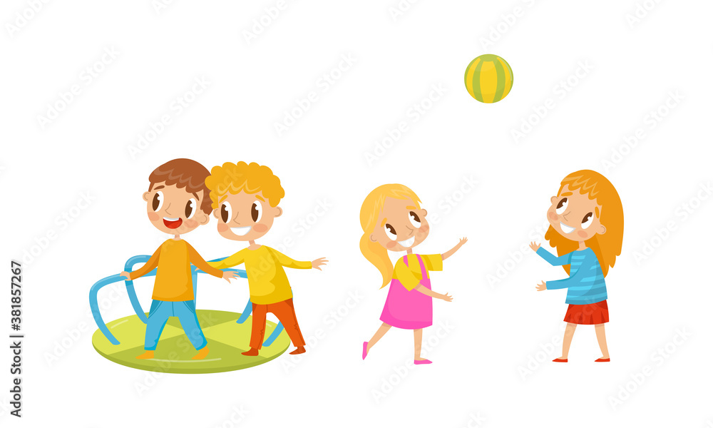 Energetic Boy and Girl Throwing Ball and Riding on Merry-go-round on Playground Vector Set Energetic Boy and Girl Throwing Ball and Riding on Merry-go-round on Playground Vector Set