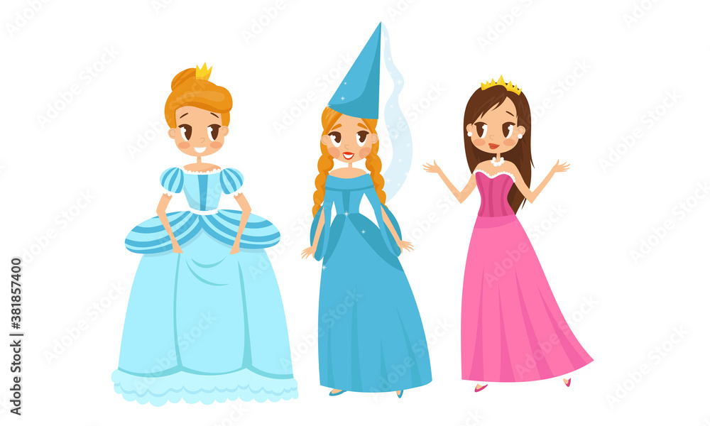 Smiling Princess with Hairstyle Wearing Crown and Dressy Look Garment Vector Illustration Set Smiling Princess with Hairstyle Wearing Crown and Dressy Look Garment Vector Illustration Set