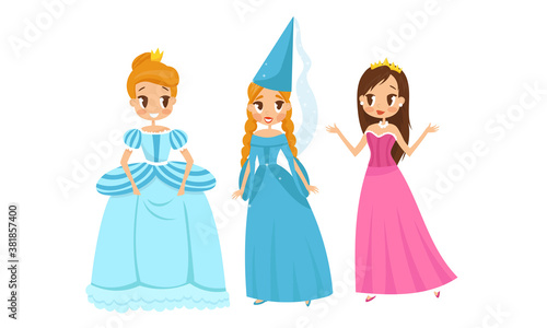 Smiling Princess with Hairstyle Wearing Crown and Dressy Look Garment Vector Illustration Set