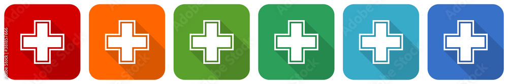 Fototapeta premium Pharmacy icon set, flat design vector illustration in 6 colors options for webdesign and mobile applications