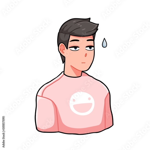 Tired anime boy with drop of sweat vector illustration in Japanese manga styl...