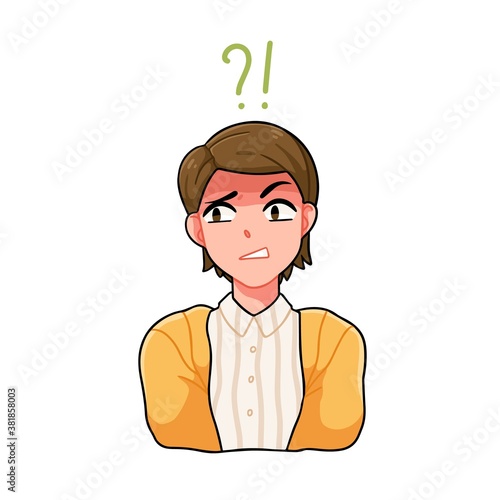Portrait of confused anime boy with question mark and exclamation point vector illustration. Japanese teenager with confused angry face expression isolated. Modern manga teen avatar