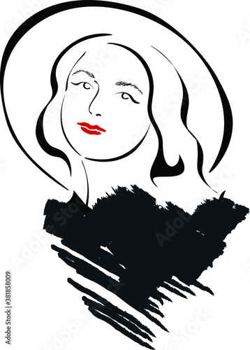 Tableau sur toile Vector illustration hand drawn lady in hat portrait isolated on white background