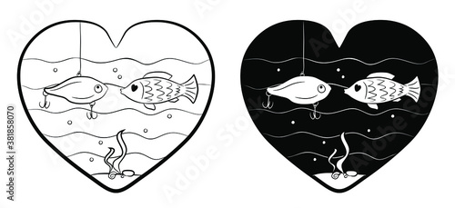 Hand drawn vector illustration of a fish that fell in love with a bait. Heart-shaped look inside the underwater world. Love is blind.