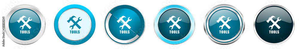Tools silver metallic chrome border icons in 6 options, set of web blue round buttons isolated on white background Tools silver metallic chrome border icons in 6 options, set of web blue round buttons isolated on white background