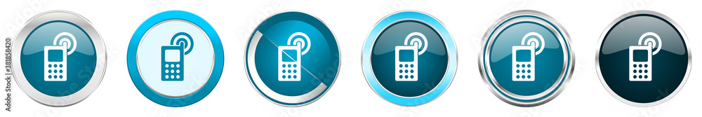 Phone silver metallic chrome border icons in 6 options, set of web blue round buttons isolated on white background Phone silver metallic chrome border icons in 6 options, set of web blue round buttons isolated on white background
