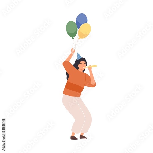 Festive woman in cone hat holding colorful air balloons vector flat illustration. Female blowing in party whistle tube having fun celebrating holiday isolated. Congrats to birthday or anniversary