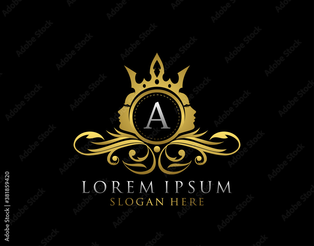 Royal Beauty Logo With A Letter. Luxury Gold Floral Badge With Beauty Woman Face Shape perfect for salon, spa, cosmetic, Boutique, Jewelry. Royal Beauty Logo With A Letter. Luxury Gold Floral Badge With Beauty Woman Face Shape perfect for salon, spa, cosmetic, Boutique, Jewelry.