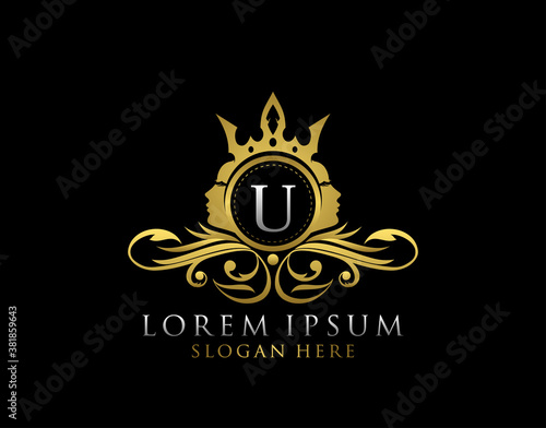 Royal Beauty Logo With U Letter. Luxury Gold Floral Badge With Beauty Woman Face Shape perfect for salon, spa, cosmetic, Boutique, Jewelry.