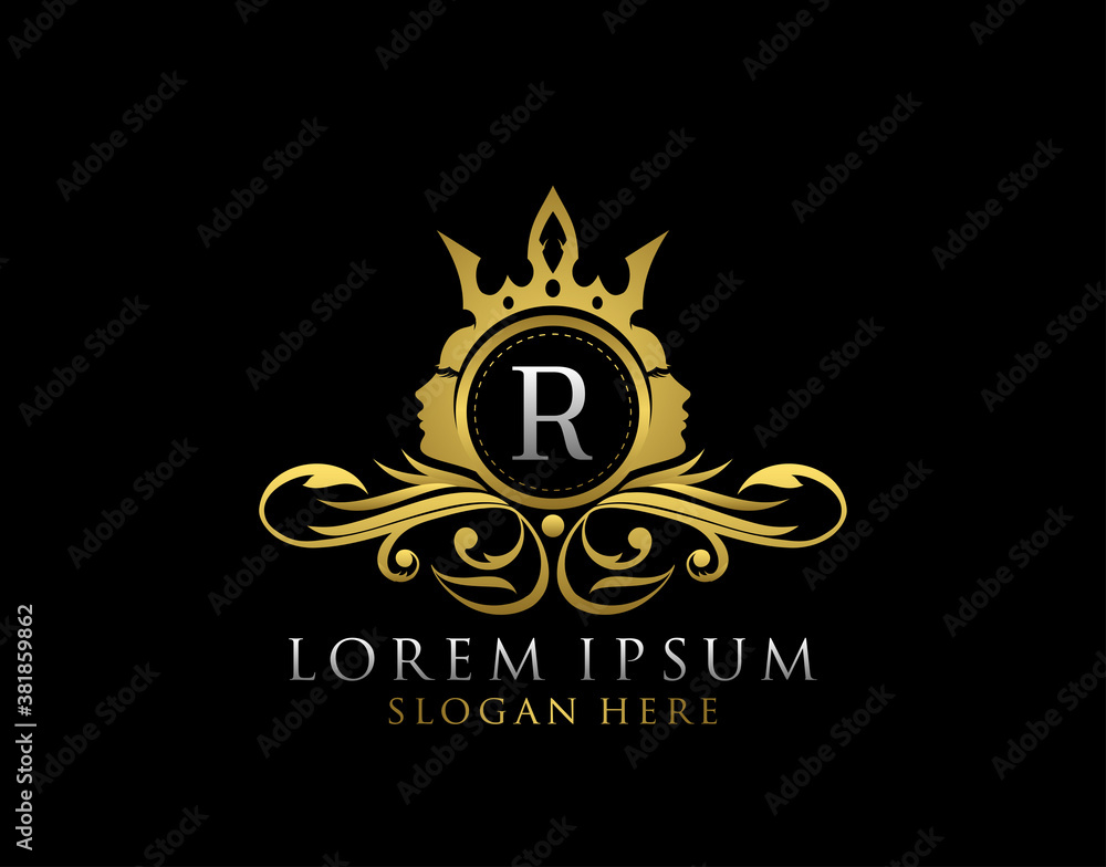 Royal Beauty Logo With R Letter. Luxury Gold Floral Badge With Beauty Woman Face Shape perfect for salon, spa, cosmetic, Boutique, Jewelry. Royal Beauty Logo With R Letter. Luxury Gold Floral Badge With Beauty Woman Face Shape perfect for salon, spa, cosmetic, Boutique, Jewelry.