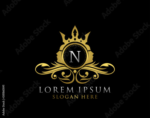 Royal Beauty Logo With N Letter. Luxury Gold Floral Badge With Beauty Woman Face Shape perfect for salon  spa  cosmetic  Boutique  Jewelry.