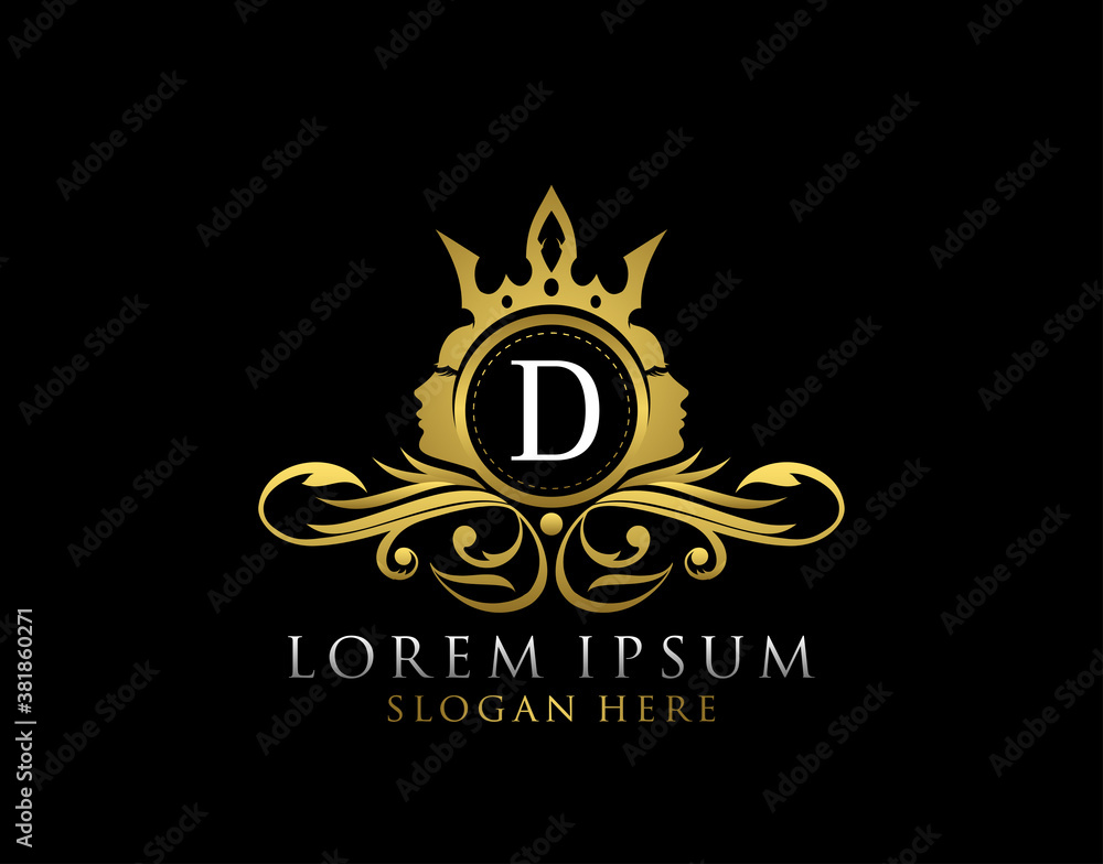 Fototapeta premium Royal Beauty Logo With D Letter. Luxury Gold Floral Badge With Beauty Woman Face Shape perfect for salon, spa, cosmetic, Boutique, Jewelry.