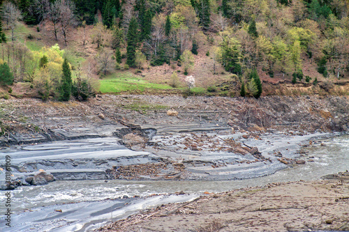 Sediments filling up the Enguri reservoir, Svaneti, Georgia