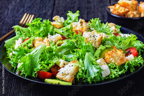 salad with veggies, cheese, croutons, top view