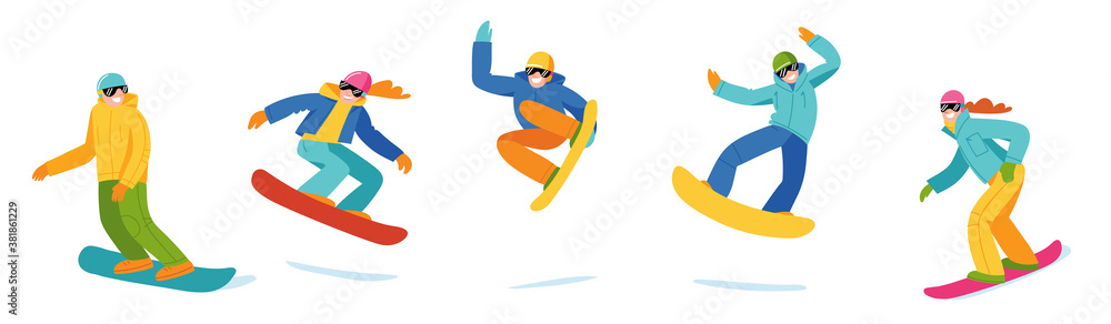Fototapeta premium Set of snowboarders in flat modern style.