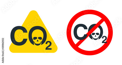 CO2 emissions danger - anti carbon footprint - human skull integrated in formula and decorated as prohibit and attention signs