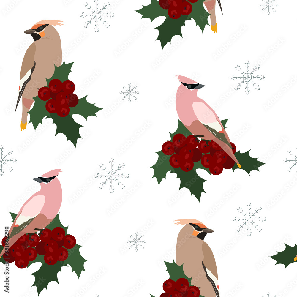Seamless vector illustration with birds waxwings, holly berries and snowflakes