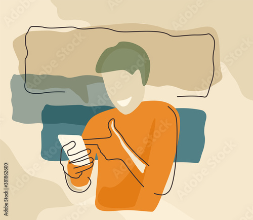 Abstract smiling man with phone in hands - reading or writing message - vector illustration 
