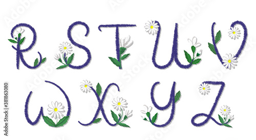 Latin alphabet letters decorated with daisies, stylized as embroidery