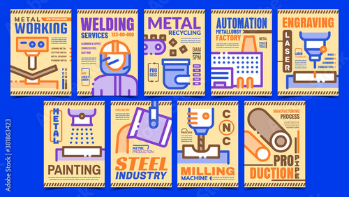 Metallurgical Industry Promo Posters Set Vector. Milling And Painting Machine, Metal Recycling And Metallurgical Factory Promotional Banners. Concept Template Style Color Illustrations