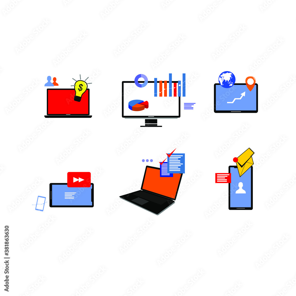 technology and various icon, computer, phone, laptop, tablet, infographic technology and various icon, computer, phone, laptop, tablet, infographic