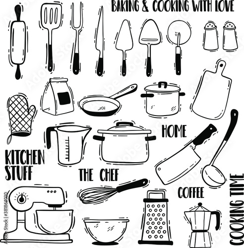 Kitchen stuff for home and restaurant. Kitchen equipment hand drawn set isolated vector illustration.